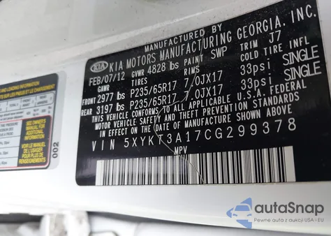 2012 Kia Sorento Lx из США, поврежденный, VIN 5XYKT3A17CG299378